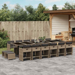 17 Pcs conjunto de jantar p/ jardim c/ almofadões vime PE cinza