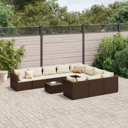 11 Pcs conjunto sofás de jardim c/ almofadões vime PE castanho
