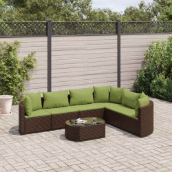7 Pcs conjunto de sofás jardim c/ almofadões vime PE castanho
