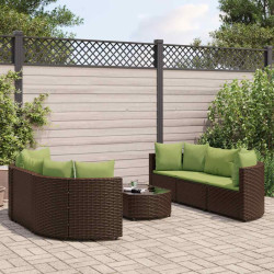 7 Pcs conjunto de sofás jardim c/ almofadões vime PE castanho