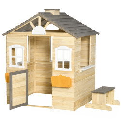 Casa de Jardim de Madeira para Crianças de 3-7 Anos com Janelas 2 Floreiras e 1 Banco 113x94x134,5 cm Madeira