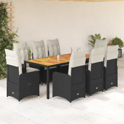 9 Pcs conjunto de bistrô p/ jardim c/ almofadões vime PE preto