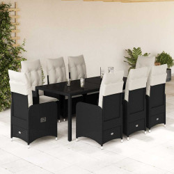 9 Pcs conjunto de bistrô p/ jardim c/ almofadões vime PE preto