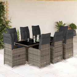 9 Pcs conjunto bistrô de jardim c/ almofadões vime PE cinzento