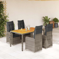 5 Pcs conjunto bistrô de jardim c/ almofadões vime PE cinza