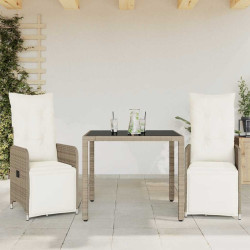 3 Pcs conjunto bistrô de jardim c/ almofadões vime PE castanho