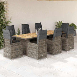 9 Pcs conjunto bistrô de jardim c/ almofadões vime PE cinzento
