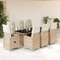 9 Pcs conjunto de bistrô para jardim c/ almofadões vime PE bege