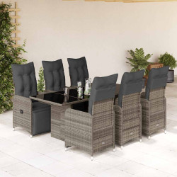 7 Pcs conjunto bistrô de jardim c/ almofadões vime PE cinza
