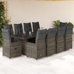 11 Pcs conjunto bistrô de jardim c/ almofadões vime PE cinzento