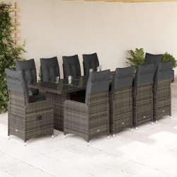 11 Pcs conjunto bistrô de jardim c/ almofadões vime PE cinzento