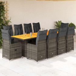 11 Pcs conjunto bistrô de jardim c/ almofadões vime PE cinzento