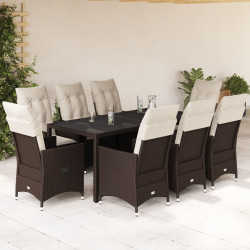 9 Pcs conjunto jantar p/ jardim c/ almofadões vime PE castanho