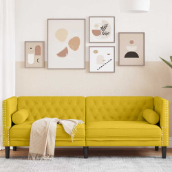 Sofá chesterfield com rolos 3 lugares veludo amarelo