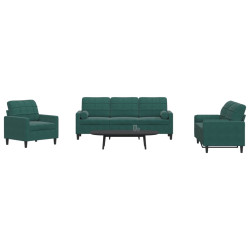 3 Pcs conjunto sofás com almofadões e rolos veludo verde-escuro