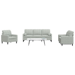 3 Pcs conjunto sofás com almofadões e rolos veludo cinza-claro