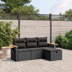 4 Pcs conjunto de sofás para jardim c/ almofadões vime PE preto