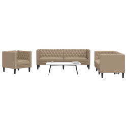 3 Pcs conj. de sofás chesterfield couro artificial cappuccino