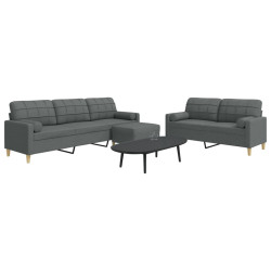 3Pcs conjunto sofás c/ almofadões/apoio pés tecido cinza-escuro