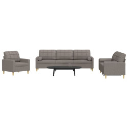 3 Pcs conjunto de sofás com almofadas tecido cinza-acastanhado