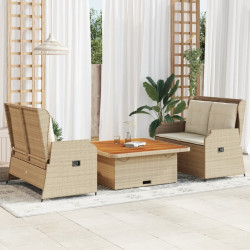 3 Pcs conjunto lounge de jardim com almofadões vime PE bege