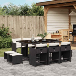 11 Pcs conjunto de jantar p/ jardim c/ almofadões vime PE preto