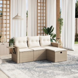 4 Pcs conjunto de sofás para jardim c/ almofadões vime PE bege