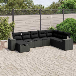 8 Pcs conjunto sofás de jardim com almofadões vime PE preto