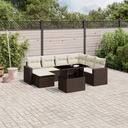8 Pcs conjunto sofás de jardim c/ almofadões vime PE castanho