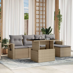 6 Pcs conjunto de sofás p/ jardim com almofadões vime PE bege