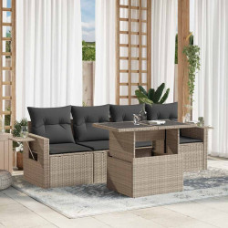 5 Pcs conj. sofás jardim c/ almofadões vime PE cinzento-claro
