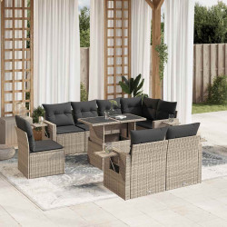 9 Pcs conj. sofás jardim com almofadões vime PE cinzento-claro