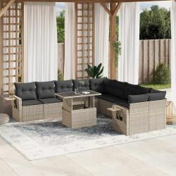 11 Pcs conjunto sofás de jardim c/ almofadões vime PE cinzento