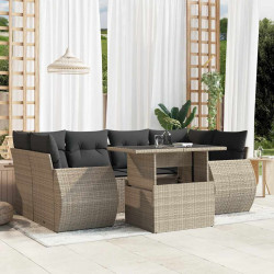 7 Pcs conj. sofás jardim com almofadões vime PE cinzento-claro