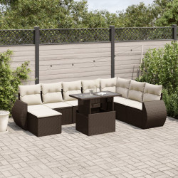 9 Pcs conjunto sofás p/ jardim c/ almofadões vime PE castanho