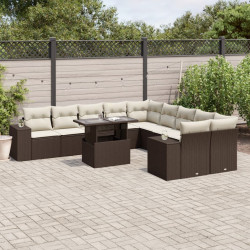 11 Pcs conjunto sofás de jardim c/ almofadões vime PE castanho