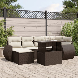 7 Pcs conjunto de sofás jardim c/ almofadões vime PE castanho