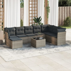 9 Pcs conjunto sofás p/ jardim com almofadões vime PE cinzento