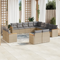 13 Pcs conj. sofás jardim c/ almofadões vime PE bege misturado