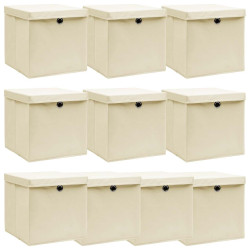 Caixas de arrumação com tampa 10 pcs 32x32x32 cm tecido creme