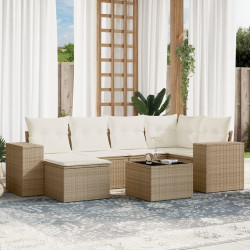 7 Pcs conjunto de sofás p/ jardim com almofadões vime PE bege