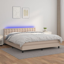 Cama box spring c/colchão/LED 180x200cm couro artif. cappuccino