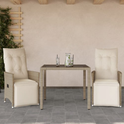 3 Pcs conjunto de bistrô para jardim c/ almofadões vime PE bege