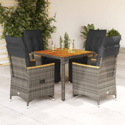5 Pcs conjunto bistrô de jardim c/ almofadões vime PE cinza