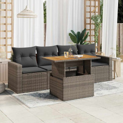5 Pcs conjunto sofás de jardim c/ almofadões vime PE cinzento