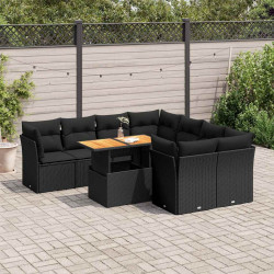 9 Pcs conjunto de sofás p/ jardim c/ almofadões vime PE preto