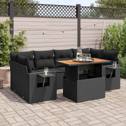 7 Pcs conjunto de sofás p/ jardim c/ almofadões vime PE preto