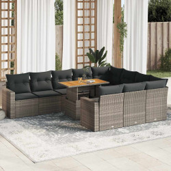11 Pcs conjunto sofás de jardim c/ almofadões vime PE cinzento