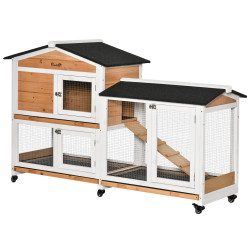Casota para coelhos exterior 157,4x53x99,5 cm jaula grande com rodas, telhado asfáltico, tabuleiros removíveis e rampa natural