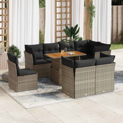 9 Pcs conjunto sofás p/ jardim com almofadões vime PE cinzento